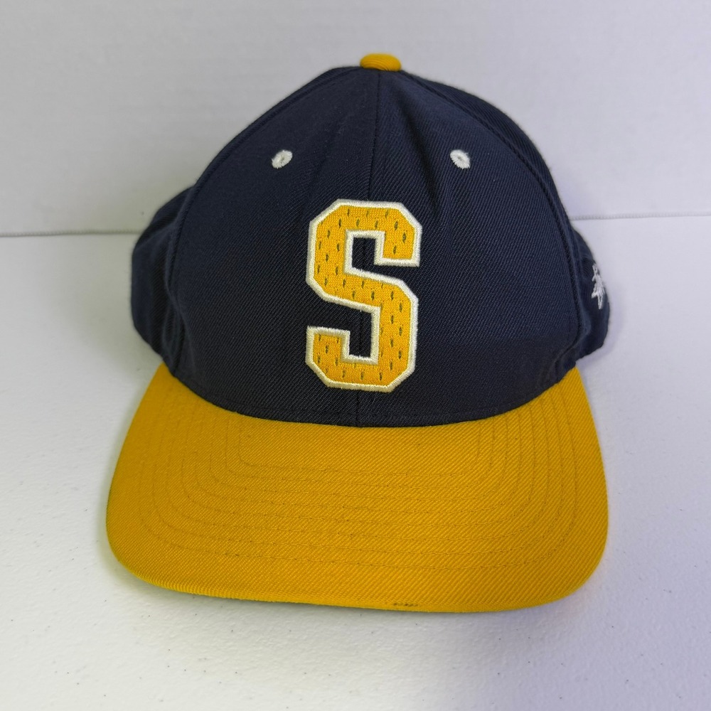 Vintage Stussy Capz Starter The Natural Snapback Hat Navy Blue Yellow Varsity S
